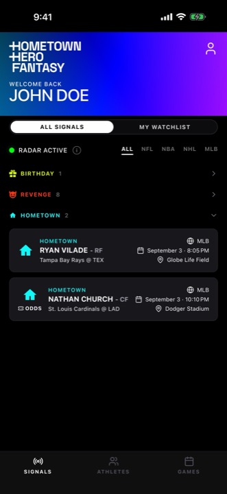 The Hometown Hero Fantasy signal feed, showing birthday, revenge and hometown signals grouped by type for today's games.