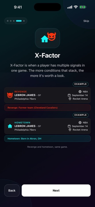 The X-Factor screen, showing LeBron James with both a revenge signal against his former team and a hometown signal in the same game.